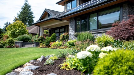 A suburban home featuring solar panels on the roof and an array of vibrant garden plants, demonstrating environmental awareness and modern housing trends in design.