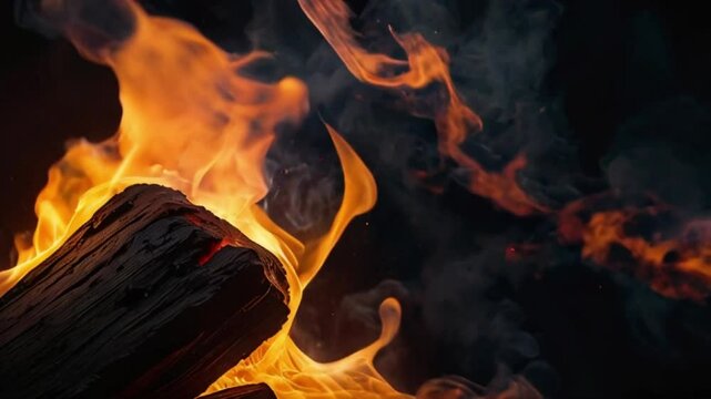 Flames flicker brightly amidst swirling smoke and glowing embers, casting a warm and inviting glow against the deep darkness of the background.