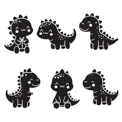 black Cute Dinosaur Bundle Illustration, Baby Dinosaur Cut File, Cartoon Stencil, silhouette vector on white background 10 eps