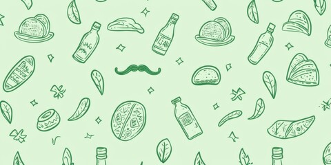 Green line art pattern with icons of a mariachi band, mustache, tequila bottle, and tacos on a light green background.