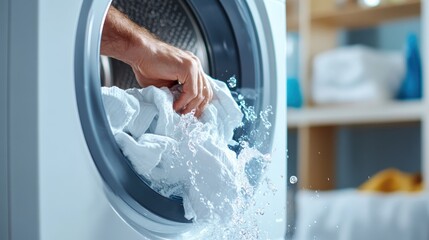 A hand adjusts a white fabric inside a modern washing machine, capturing a moment of interaction and care in the process of doing household laundry efficiently.