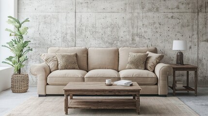 Spacious living room with a beige sofa, coffee table, and concrete wall backdrop, designed in high-resolution