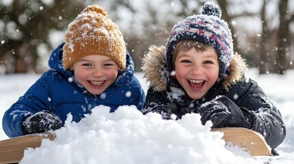 Two children in warm winter clothes, laughing cheerfully while playing and enjoying the snow, representing playful happiness and childhood joy in the outdoors.