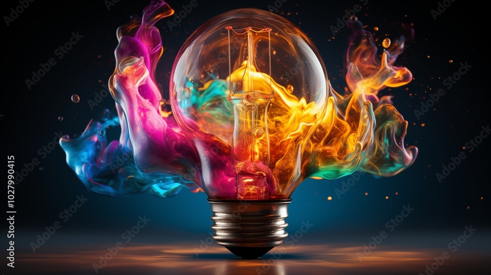 Poster creative light bulb explodes with colorful paint and splashes on a black background.