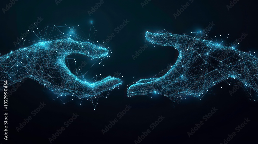 Poster two digital hands reaching towards each other, connected by a network of lines and dots. the image s