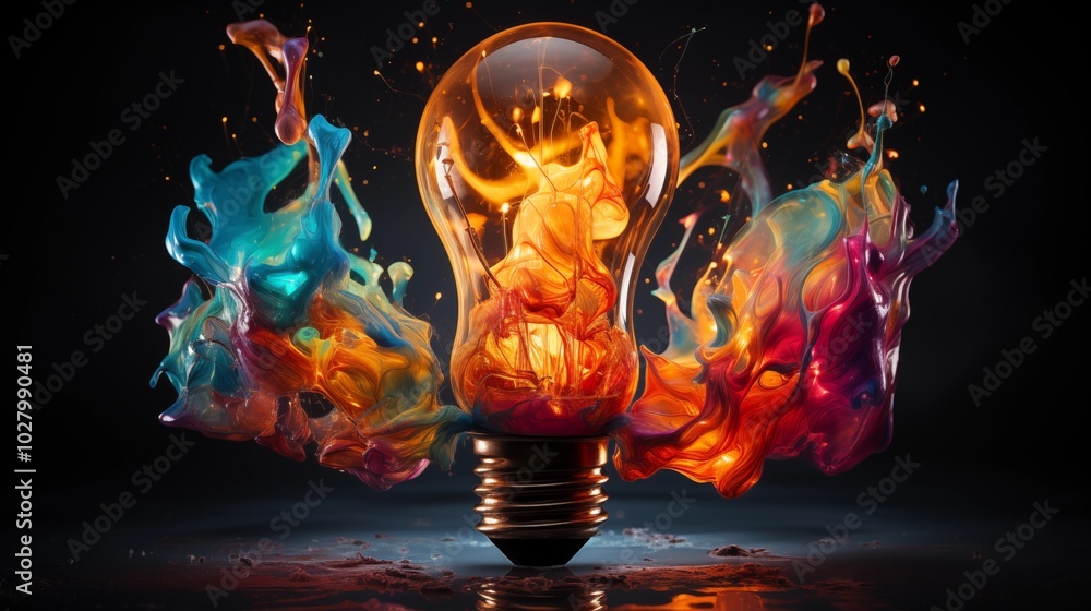 Poster creative light bulb explodes with colorful paint and splashes on a black background.