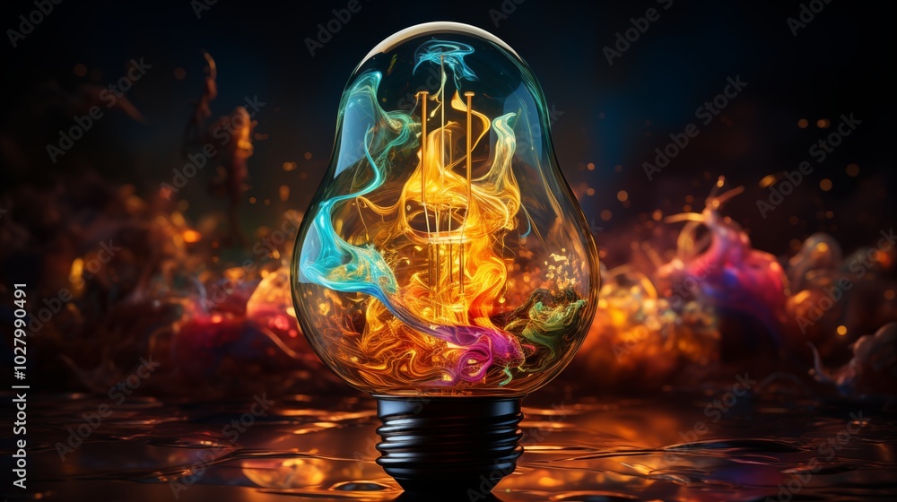Poster creative light bulb explodes with colorful paint and splashes on a black background.
