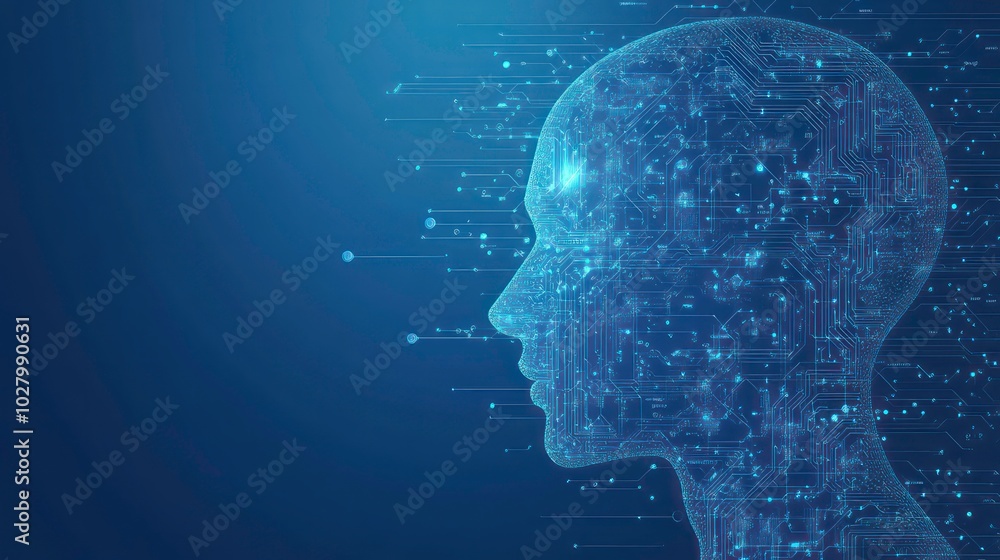 Poster a digital rendering of a human head made of lines and circuits against a blue background, symbolizin