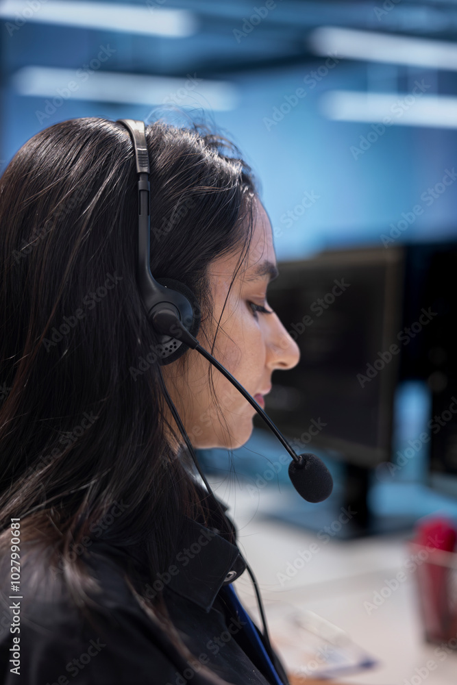 Poster it support personnel working in call center, providing outsourcing services for data centers. woman 