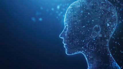 A digital rendering of a human head made of circuit boards and glowing blue particles against a dark background.