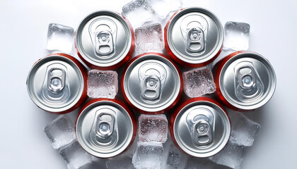cold drink cans on top of a pile of ice cubes, isolated on a white background