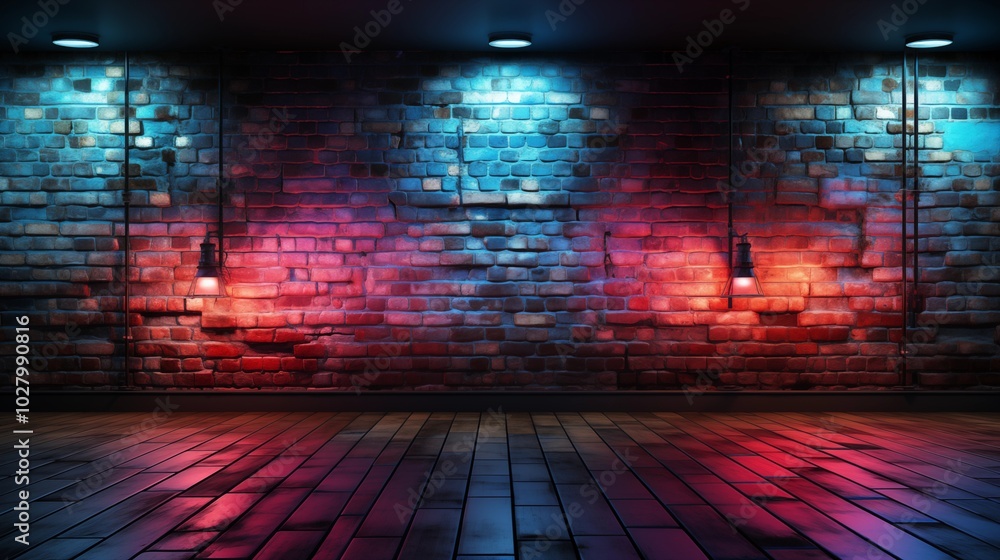 Wall mural neon light on brick walls that are not plastered background and texture. lighting effect red and blu