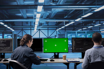 Colleagues working on green screen desktop PC in data center housing storage infrastructure. Coworkers using mockup computer display in server hub workspace filled with networking tech