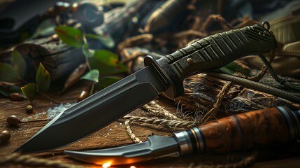 Naklejka premium Survival knife background, copy space, space for text, Generative AI
