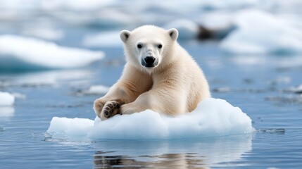 A solitary polar bear on a small iceberg drifts through the cold arctic sea, representing isolation and the stark beauty of nature's resilience in icy waters.