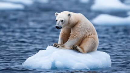 A lone polar bear is perched on a shrinking piece of ice, emphasizing the environmental struggles faced by polar wildlife in a warming world.