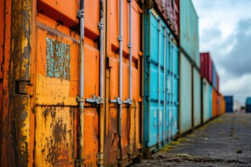 Vibrant colored cargo containers in a row