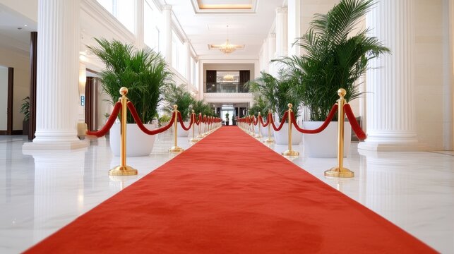 A grandiose indoor venue is adorned with a plush red carpet flanked by golden stanchions, leading to an opulent setting with lush plants, exuding elegance and luxury.