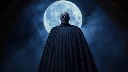Mysterious dark figure in front of a full moon