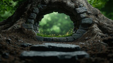 Magical forest entrance with glowing fireflies