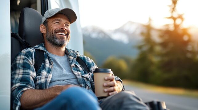 A man in a plaid shirt and cap enjoys coffee while reclining in a van's doorway, smiling warmly at the rising sun, capturing the peace of a new day outdoors.