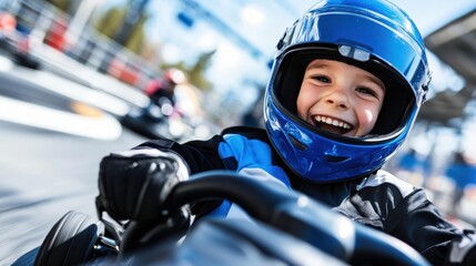 A joyful young boy, sporting a blue helmet, enjoys the thrill of go-karting, reflecting happiness and adventure during an exhilarating outdoor activity session.