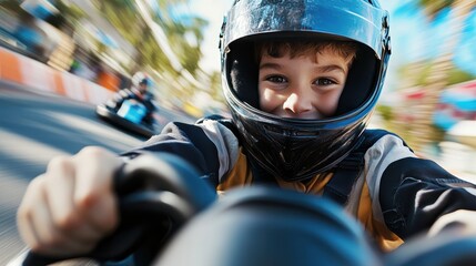 A young boy, wearing a helmet and protective gear, drives a go-kart with excitement and focus, highlighting the thrill of recreational racing on a sunny day.