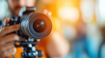 A person adjusts a camera lens amid a vibrant, colorful bokeh background, emphasizing the artistic and creative nature of photography and its vibrant appeal.