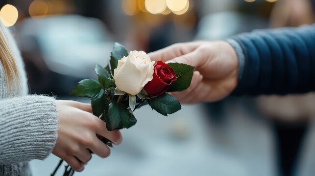 Hands exchanging a red and white rose bouquet, reflecting the beauty of a caring act, set against the backdrop of a blurred urban environment for depth.