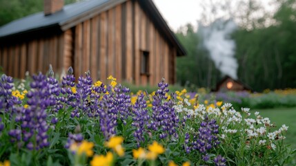 Rustic cabin in a field of colorful wildflowers