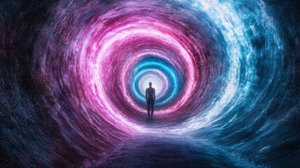 Silhouette figure in colorful cosmic tunnel