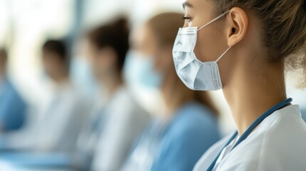 A diverse group of medical students attentively listens to a lecture, wearing scrubs and masks, representing dedication and focus in a modern educational environment.