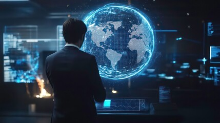 A businessman in a dark suit stands in front of a holographic screen displaying a digital representation of the globe, symbolizing global connectivity and digital transformation.