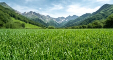 Lush green mountain landscape with grassy meadow