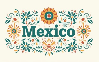 Traditional Mexican Style Logo Featuring the Word "Mexico" Decorated with Colorful Ornaments on a White Background.