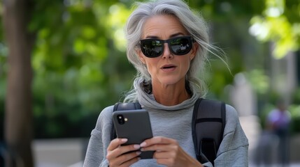 A stylish, mature woman with grey hair and wearing sunglasses intently looks at her smartphone, embodying elegance while standing outdoors.