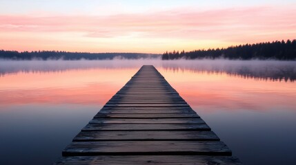 Serene lake with wooden dock at sunset