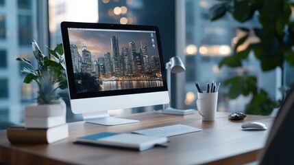 A nighttime cityscape illuminates the backdrop of a computer monitor on an organized desk, balancing tech elegance with the breathtaking lights of urban scenery.