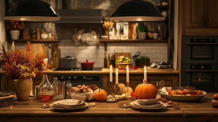 Fototapeta premium Cozy Autumn Dinner Setting in a Inviting Kitchen