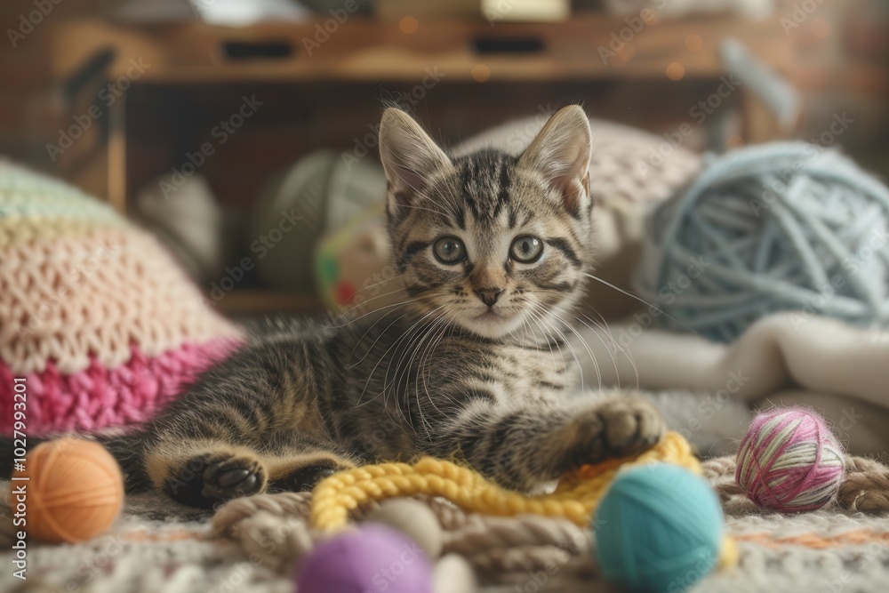 Poster two curious kittens are having a delightful time playing with vibrant yarn balls and toys in a warm,