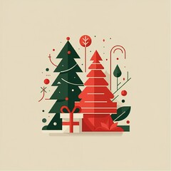 Fototapeta premium Card with minimalistic Christmas trees on pastel beige background with copy space. Merry Christmas, Happy New Year. Minimal holiday design backdrop. Gift under red and green fir tree. 