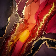 Bright orange red burgundy black watercolor stains with golden veins. Colorful autumn colors. Fall season backdrop. Abstract watercolor background. Mixing liquid paint effect. Gold interior poster.