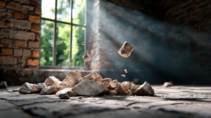 Atmospheric scene inside a rustic room with sunlight streaming through a window, highlighting crumbling stones suspended in the air, evoking nostalgia and time passage.