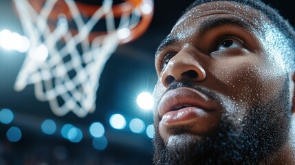 A perspiring basketball player intensely gazes towards the basketball hoop, displaying sheer determination and focus during an intense game under bright lights.