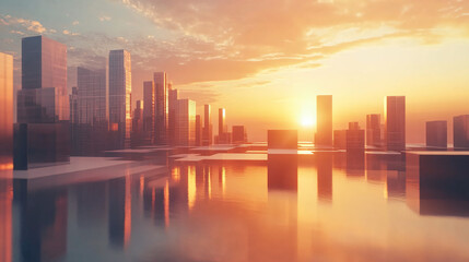 Fototapeta premium A Serene Artistic Landscape Featuring a Geometric Minimalist City Beneath a Stunning Sunset