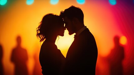 Artistic silhouette of a couple standing closely together, enveloped in a soft, warm glow with blurred figures in the background, symbolizing intimacy and romance.