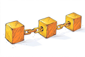 A cartoon-style illustration of a blockchain chain with linked yellow blocks and a playful, hand-drawn look on a white background
