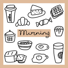 A delightful breakfast spread featuring coffee, pastries, and eggs in a cheerful morning layout with playful illustrations