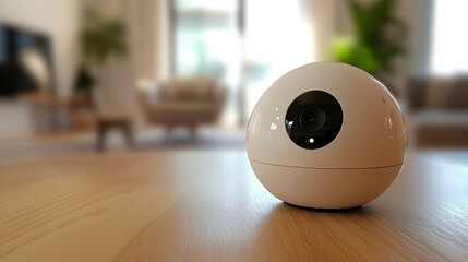 Modern Indoor Security Camera on Wooden Surface