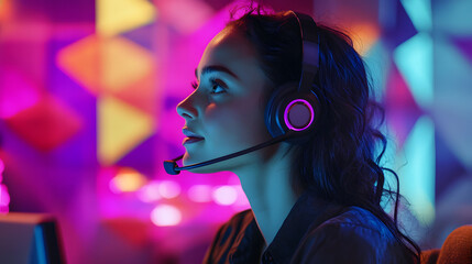 An Attentive Call Center Woman Multitasking Amidst Energy of Colorful Geometric Wallpaper